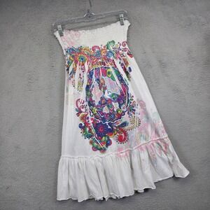 Y2K Dress Teen L White Strapless Tube‎ Top Colorful Smocked Hippie Tiered Boho